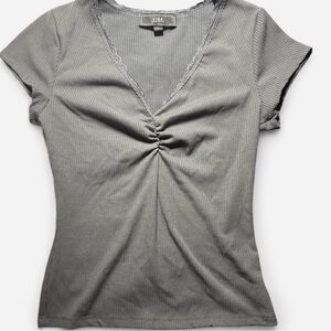 Vibe Women's Short Sleeve Gray Ruched V-Neck Tee